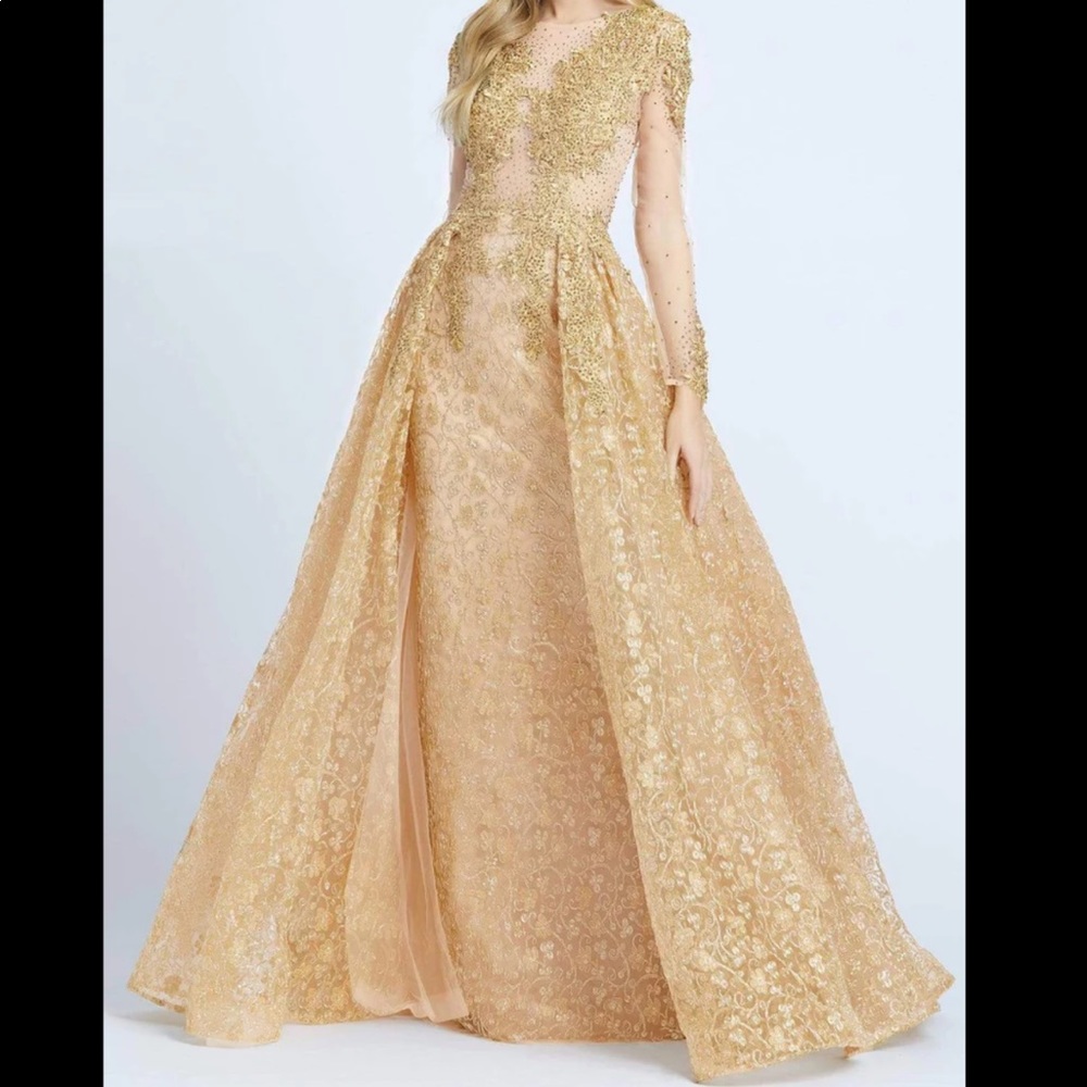 Mac Duggal Gold Embellished Long Sleeve Evening Gown